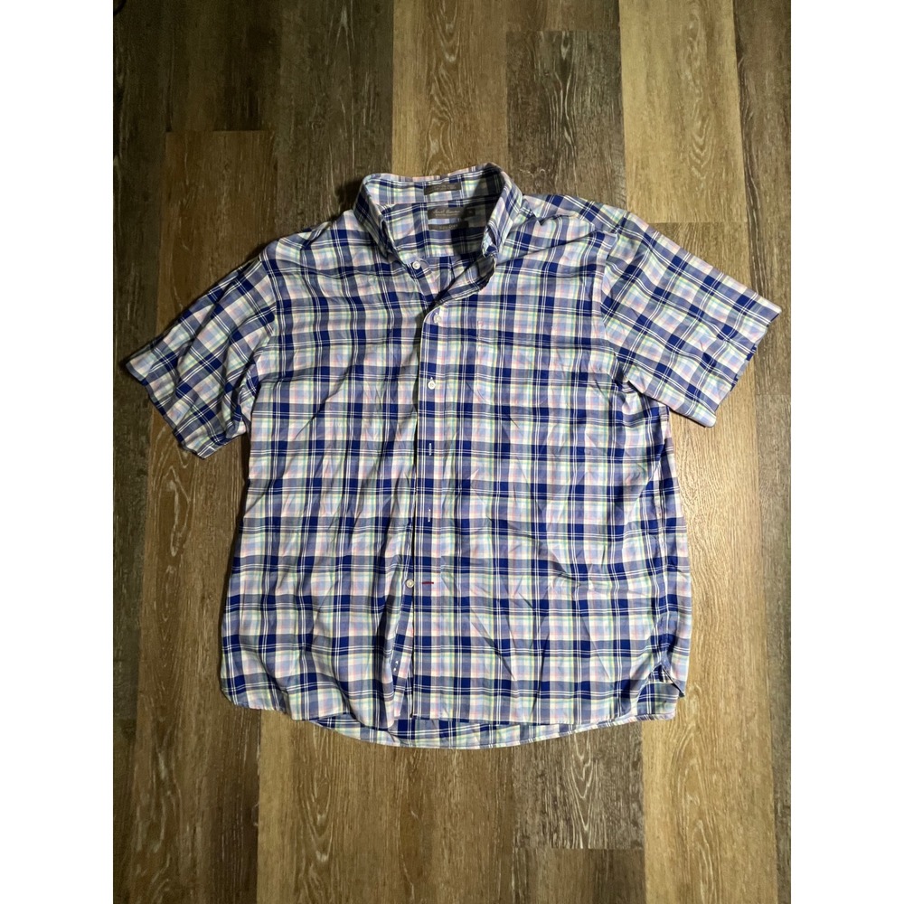 Daniel Cremieux Plaid Button Down Mens‎ XL Blue Pink Non-Iron Short Sleeve Shirt
